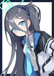 Rule 34 | 1girl, aris (blue archive), black coat, black skirt, blue archive, blue background, blue eyes, blue hairband, blue necktie, blush, breasts, closed mouth, coat, collared shirt, commentary, grey background, grey hair, hair between eyes, hairband, halo, highres, jakomurashi, leaning forward, long bangs, long hair, multicolored coat, necktie, one side up, ringed eyes, shirt, shirt tucked in, skirt, small breasts, smile, solo, tie clip, two-tone background, upper body, very long hair, white coat, white shirt