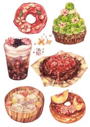 Rule 34 | apple, artist request, cake, cherry, commentary, dessert, doughnut, drink, food, food focus, fruit, highres, icing, orange (fruit), original, parfait, pastry, simple background, strawberry, sweets, symbol-only commentary, tart (food), white background