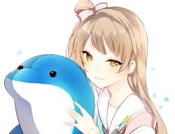 Rule 34 | 10s, 1girl, brown hair, long hair, looking at viewer, love live!, love live! school idol festival, love live! school idol project, lpip, maid, minami kotori, side ponytail, simple background, smile, solo, stuffed animal, stuffed dolphin, stuffed toy, yellow eyes