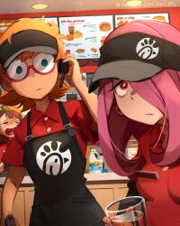 Rule 34 | 3girls, absurdres, adjusting headset, apron, arm at side, asymmetrical bangs, black apron, black headwear, black shirt, bleach (chemical), blonde hair, blue eyes, blunt bangs, blush, breasts, brick wall, bright pupils, brown hair, cash register, chick-fil-a, clorox, closed eyes, closed mouth, collared shirt, commentary, counter, cowboy shot, crying, cup, dot nose, dutch angle, english commentary, english text, expressionless, flipped hair, food on hair, freckles, furrowed brow, glasses, gun, hair over one eye, hand up, headset, highres, holding, holding cup, holding gun, holding weapon, indoors, kagari atsuko, khyle., layered shirt, lettuce, light frown, little witch academia, long hair, long sleeves, looking at viewer, lotte jansson, medium breasts, medium hair, menu board, multiple girls, name tag, one eye covered, one side up, open mouth, patreon username, pink hair, print apron, print headwear, red-framed eyewear, red eyes, red shirt, round eyewear, semi-rimless eyewear, shirt, short sleeves, standing, straight hair, sucy manbavaran, tareme, tomato, upper body, visor cap, watermark, weapon, web address, white pupils