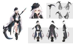 Rule 34 | 1girl, absurdres, arknights, asymmetrical legwear, black cape, black footwear, black gloves, black headwear, black shorts, black thighhighs, boots, breasts, cape, character sheet, cleavage, expressionless, full body, gloves, grey hair, hair between eyes, hat, highres, holding, holding scythe, holding weapon, long hair, looking at viewer, low-tied long hair, low twintails, multiple views, original, red eyes, scythe, shirt, shorts, simple background, single sock, single thighhigh, socks, thigh strap, thighhighs, tuanjiang w, twintails, very long hair, weapon, white background, white shirt