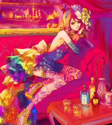 Rule 34 | 1girl, bad id, bad pixiv id, blonde hair, bottle, couch, curtains, detached sleeves, dress, earrings, female focus, flower, glass, hairband, hat, indoors, jewelry, kagamine rin, long hair, mirror, nr, nr (takeno), aged up, sitting, solo, thighhighs, vocaloid