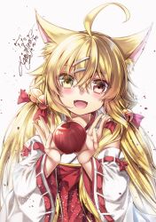 Rule 34 | 1girl, :d, ahoge, animal ears, apple, bad id, bad pixiv id, bell, blonde hair, commentary request, detached sleeves, fangs, food, fox ears, fruit, hair ornament, hair ribbon, hairpin, heterochromia, highres, holding, japanese clothes, long hair, looking at viewer, low twintails, miko, open mouth, original, petals, ribbon, smile, solo, twintails, yuihira asu