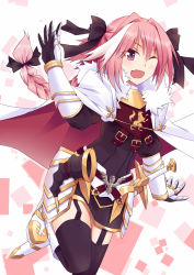 Rule 34 | 1boy, astolfo (fate), bad id, bad pixiv id, black thighhighs, braid, cape, fang, fate/apocrypha, fate (series), garter straps, hair ribbon, highres, lingsexuanlv, long hair, looking at viewer, male focus, one eye closed, open mouth, pink hair, purple eyes, ribbon, single braid, smile, solo, thighhighs, trap