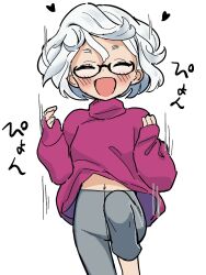 Rule 34 | 1girl, :d, black-framed eyewear, blush, closed eyes, crotch seam, eisu (eith), excited, female focus, glasses, grey pants, happy, heart, highres, navel, open mouth, original, pants, purple sweater, semi-rimless eyewear, simple background, sleeves past wrists, smile, solo, standing, standing on one leg, sweater, turtleneck, turtleneck sweater, white background, white hair, yoga pants
