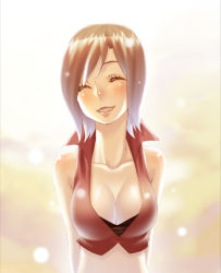 Rule 34 | 1girl, bad id, bad pixiv id, blush, breasts, brown hair, cleavage, closed eyes, female focus, large breasts, meiko (vocaloid), short hair, smile, solo, terumii, vocaloid
