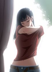 Rule 34 | 1girl, absurdres, adjusting clothes, backlighting, belt, black belt, black hair, blue pants, breasts, closed eyes, closed mouth, commentary, covered erect nipples, cowboy shot, curtains, denim, futago imouto (kakitama), hand under clothes, hand under shirt, highres, indoors, jeans, kakitama, large breasts, long hair, midriff, mouth hold, navel, open belt, original, panties, pants, panty peek, pantyslip, red shirt, shirt, short sleeves, solo, standing, straight hair, sunlight, t-shirt, toothpick, underwear, white panties, window