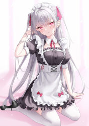 Rule 34 | 1girl, black footwear, blush, breasts, closed mouth, grey hair, hand in own hair, hand on floor, highres, long hair, looking at viewer, maid, maid headdress, naga (pixiv70891418), neck ribbon, on floor, original, pink eyes, pink ribbon, ribbon, shoes, short sleeves, simple background, smile, solo, thighhighs, white thighhighs