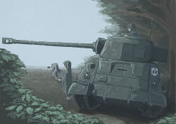 Rule 34 | 10s, 3girls, binoculars, blonde hair, blurry, commentary, day, emblem, field, girls und panzer, looking afar, lying, military, military vehicle, motor vehicle, multiple girls, muted color, on stomach, poncho, profile, rain, saunders (emblem), sherman firefly, sky, tank, tree, vent arbre, water drop