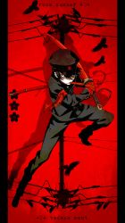 Rule 34 | 1boy, absurdres, artist name, black hair, blood, blood on face, border, copyright name, gakuran, gloves, gradient background, hair over one eye, hat, highres, kamezaemon, male focus, mouth hold, original, peaked cap, red background, red eyes, red gloves, school uniform, shaded face, simple background, solo, sword, weapon