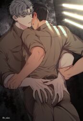 Rule 34 | 2boys, absurdres, ass grab, belt, black hair, grabbing another&#039;s arm, highres, ilay riegrow, jeong taeui, male focus, multiple boys, o ssion, passion (manhwa), prison cell, prison clothes, sweatdrop, white hair, yaoi