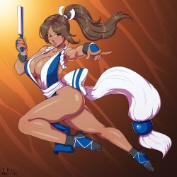 Rule 34 | 1girl, absurdres, alternate color, alternate skin color, artist name, ass, bare shoulders, black socks, breasts, brown background, brown eyes, brown hair, cleavage, collarbone, dark-skinned female, dark skin, fatal fury, female focus, full body, gradient background, hair ornament, highres, japanese clothes, large breasts, leg up, legs, long hair, looking at viewer, matching hair/eyes, parted lips, ponytail, shiranui mai, sleeveless, socks, solo, soul addicted, the king of fighters