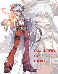 Rule 34 | 1girl, absurdres, belt, bow, breasts, character name, chest belt, clenched teeth, fingerless gloves, fire, fujiwara no mokou, full body, gloves, gokuu (acoloredpencil), grey hair, hair bow, highres, long hair, long sleeves, looking at viewer, medium breasts, ofuda, ofuda on clothes, pants, pyrokinesis, red eyes, red pants, shirt, solo, suspenders, teeth, touhou, white shirt
