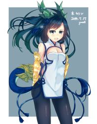 Rule 34 | 1girl, arms behind back, black hair, black pantyhose, blue eyes, breasts, china dress, chinese clothes, dragon girl, dragon horns, dragon tail, dress, fins, garnet, gloves, head fins, horns, karin (p&amp;d), long hair, open mouth, pantyhose, puzzle &amp; dragons, smile, solo, tail
