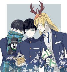 Rule 34 | 3boys, antlers, asymmetrical hair, black hair, blonde hair, blush, bowl cut, buttons, choppy bangs, closed eyes, closed mouth, collared shirt, commentary request, expressionless, eyelashes, fionn mac cumhaill (megami tensei), floral print, green eyes, grey eyes, horns, king frost, looking at viewer, machinosuke, male focus, multiple boys, plaid, plaid scarf, profile, protagonist (smtv), scarf, school uniform, shin megami tensei, shin megami tensei v, shirt, short hair, simple background, single sidelock, smile, upper body