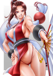 Rule 34 | 1girl, bare legs, breasts, brown eyes, brown hair, cameltoe, cleavage, covered erect nipples, curvy, fatal fury, female focus, folding fan, grin, hand fan, hand on own hip, highleg, highleg panties, highres, holding, holding fan, ikumo taisuke, large breasts, long hair, looking at viewer, matching hair/eyes, ninja, panties, pelvic curtain, ponytail, pussy, pussy peek, red panties, revealing clothes, shiny skin, shiranui mai, smile, solo, thong, underwear, wide hips
