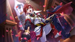 Rule 34 | 1boy, black eyes, black footwear, black gloves, boots, crown, falling petals, game cg, gloves, highres, holding, holding scepter, indoors, jacket, looking at viewer, medium hair, mini crown, official art, open mouth, pants, petals, red hair, riddle rosehearts, rose petals, scepter, solo, teeth, thigh boots, throne room, twisted wonderland, upper teeth only, white jacket, white pants