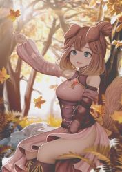 Rule 34 | 1girl, animal ears, arm up, autumn, autumn leaves, blue eyes, boots, breasts, brown hair, commission, day, dog ears, dog tail, forest, highres, kirimatsu, knee boots, looking away, medium breasts, multicolored hair, nature, open mouth, original, outdoors, short hair, sitting, smile, solo, tail, teeth, two-tone hair, upper teeth only