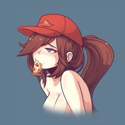 Rule 34 | 1girl, baseball cap, blue eyes, breasts, brown hair, cleavage, eating, food, hat, heart, heart-shaped pupils, ink (inksgirls), large breasts, league of legends, nude, out-of-frame censoring, pizza, pizza delivery sivir, ponytail, sivir, solo, symbol-shaped pupils, upper body