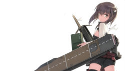 Rule 34 | 10s, 1girl, aircraft, airplane, ass, back, bike shorts, bow (weapon), brown eyes, brown hair, cartridge, crossbow, eyecatch, flat ass, flat chest, flight deck, headgear, highres, kantai collection, looking at viewer, looking back, machinery, non-web source, official art, shimada fumikane, short hair, smile, solo, taihou (kancolle), weapon