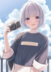 Rule 34 | 1girl, alternate hairstyle, blue hair, bob cut, camera, cloud, ene mizunoawa, highres, holding, holding camera, lize helesta, looking at viewer, multicolored hair, nijisanji, open mouth, outdoors, purple eyes, short hair, silver hair, sky, smile, solo, upper body, virtual youtuber