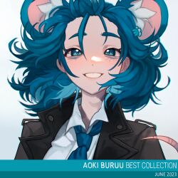 Rule 34 | 1girl, album cover, animal ears, black coat, blue eyes, blue hair, blue necktie, coat, cover, grin, highres, looking at viewer, mouse ears, mouse girl, mouse tail, necktie, original, parasoru buruu, shirt, smile, solo, tail, teeth, white shirt