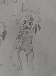 Rule 34 | 1girl, animal ears, collar, cowboy shot, dog ears, dog girl, dog tail, genderswap, genderswap (otf), graphite (medium), hand up, headband, highres, kemonomimi mode, kurohebi, len&#039;en, ling s, no nose, open mouth, school swimsuit, short hair, simple background, sketch, smile, swimsuit, tail, traditional media, white background, wristband