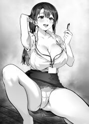 Rule 34 | 1girl, arm up, armpits, blush, breasts, cleavage, collarbone, collared shirt, commentary request, hand in own hair, highres, holding, holding pen, knee up, large breasts, long hair, monochrome, open mouth, original, panties, pen, sage joh, shirt, short sleeves, sitting, skirt, smile, solo, thighs, underwear