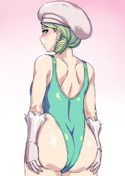 Rule 34 | 1girl, alternate costume, ass, blush, commentary request, cowboy shot, creatures (company), eyelashes, from behind, game freak, gloves, gradient background, green eyes, green hair, green leotard, hai (h81908190), hat, highleg, katy (pokemon), leotard, looking back, mole, mole on cheek, nintendo, open mouth, pokemon, pokemon sv, shoulder blades, single drill, solo, wedgie
