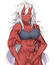 Rule 34 | 1girl, abs, absurdres, akane (existence), bare arms, black tank top, bottomless, breasts, collarbone, colored skin, dinosaurus (azimangasaurus), existence, extra arms, futanari, game cg, hair between eyes, highres, horns, large breasts, long hair, looking at viewer, messy hair, monster girl, muscular, muscular female, navel, oni, oni horns, open mouth, orange eyes, penis, pointy ears, red skin, saliva, shirt, sidelocks, simple background, smile, solo, standing, tank top, tattoo, testicles, uncensored, upper body, white background, white hair