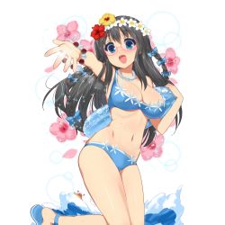 Rule 34 | 1girl, ankle ribbon, anklet, bead bracelet, bead necklace, beads, bikini, black hair, blue bikini, blue bow, blue ribbon, blush, bow, bracelet, braid, breasts, colored eyelashes, crab, day, flower, flower wreath, foreshortening, from side, glasses, hair between eyes, hair bow, hair flower, hair ornament, happy, hibiscus, highres, hip focus, holding, holding swim ring, innertube, jewelry, kneeling, knees together feet apart, kusaka souji, large breasts, leg ribbon, lens flare, light rays, long hair, looking at viewer, navel, necklace, ocean, official art, open mouth, outdoors, outstretched arm, outstretched hand, pearl necklace, pink-framed eyewear, pink flower, red flower, ribbon, roomy powan, sandals, semi-rimless eyewear, shoe dangle, side braid, solo, sparkle, sunbeam, sunlight, surfboard, surfing, swim ring, swimsuit, taut clothes, transparent, transparent background, twin braids, uchi no hime-sama ga ichiban kawaii, under-rim eyewear, water, waves, wet, white flower, wreath, yellow flower