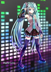 Rule 34 | 1girl, aqua hair, bad id, bad pixiv id, black thighhighs, blue eyes, boots, detached sleeves, full body, hatsune miku, headset, highres, long hair, looking at viewer, nail polish, necktie, skirt, solo, takepon1123, thigh boots, thighhighs, twintails, v, very long hair, vocaloid