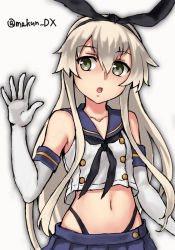 Rule 34 | 1girl, animal ears, bare shoulders, blonde hair, blue skirt, breasts, elbow gloves, fake animal ears, gloves, green eyes, hair between eyes, highres, kantai collection, looking at viewer, maakun (makun dx), midriff, navel, one-hour drawing challenge, pleated skirt, shimakaze (kancolle), shirt, skirt, sleeveless, sleeveless shirt, small breasts, solo, twitter username, white gloves, white shirt