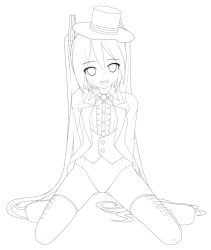 Rule 34 | 1girl, arms behind back, bad id, bad pixiv id, eto, greyscale, hat, hatsune miku, kneeling, lineart, long hair, looking at viewer, magician, miracle paint (vocaloid), monochrome, project diva, project diva (series), smile, solo, thighhighs, top hat, twintails, very long hair, vocaloid