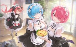 Rule 34 | 3girls, absurdres, apron, black bow, blue eyes, blue hair, bow, breasts, cocoa (nikke), food, goddess of victory: nikke, hair bow, hair ornament, hair over one eye, hansum, highres, holding, juliet sleeves, ketchup, ketchup bottle, long hair, long sleeves, maid, maid apron, maid headdress, medium breasts, multiple girls, multiple hair bows, omelet, omurice, petticoat, pink eyes, pink hair, puffy sleeves, ram (re:zero), rem (re:zero), roswaal mansion maid uniform, short hair, siblings, small breasts, triangle mouth, twins, twintails, white apron, x hair ornament, yellow eyes
