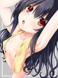 Rule 34 | 1girl, :o, armpits, arms up, black hair, blush, breasts, commentary request, covered erect nipples, cowboy shot, dated, foreshortening, from above, grey background, iwashi dorobou -r-, long hair, looking at viewer, looking up, naked towel, navel, neptune (series), open mouth, paid reward available, red eyes, small breasts, solo, towel, uni (neptunia), very long hair