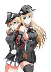 Rule 34 | 2girls, :d, anchor hair ornament, aqua eyes, arm hug, bare shoulders, bismarck (kancolle), black legwear, blonde hair, blue eyes, blush, breasts, brown gloves, commentary request, detached sleeves, gloves, hair ornament, hat, kantai collection, large breasts, long hair, looking at viewer, medium breasts, multiple girls, open mouth, peaked cap, pleated skirt, prinz eugen (kancolle), remodel (kantai collection), sideboob, simple background, skirt, smile, standing, steed (steed enterprise), thighhighs, twintails, white background, white gloves, zettai ryouiki