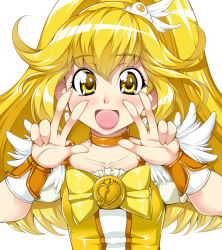 Rule 34 | 10s, 1girl, :d, blonde hair, bow, choker, cure peace, double v, dress, eyelashes, hair flaps, heart, kise yayoi, long hair, magical girl, open mouth, precure, sakula, smile, smile precure!, solo, v, white background, wide ponytail, wrist cuffs, yellow bow, yellow eyes, yellow theme
