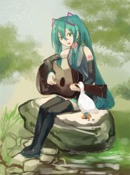 Rule 34 | 1girl, acoustic guitar, animal, aqua eyes, aqua hair, aqua nails, aqua necktie, bare shoulders, bird, black skirt, black sleeves, black thighhighs, commentary, day, detached sleeves, duck, footprints, full body, grey shirt, guitar, hair ornament, hatsune miku, holding, holding instrument, instrument, long hair, looking at another, music, nail polish, necktie, open mouth, outdoors, pikori, playing instrument, pond, rock, shirt, shoulder tattoo, sitting, skirt, sky, sleeveless, sleeveless shirt, smile, solo, tattoo, thighhighs, tree, twintails, very long hair, vocaloid, zettai ryouiki