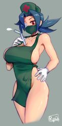 Rule 34 | 1girl, apron, areola slip, between breasts, blue hair, breasts, choker, cleavage, collarbone, cowboy shot, drinking straw, eyepatch, gloves, green background, hand on own hip, highres, large breasts, latex, latex gloves, mask, mouth mask, naked apron, ponytail, red eyes, ryuji (red-truth), skullgirls, solo, surgical mask, valentine (skullgirls)