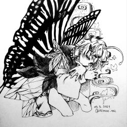 Rule 34 | 1girl, adapted costume, animal, antennae, bug, butterfly, butterfly wings, dated, dress, eternity larva, fairy, feet out of frame, greyscale, highres, insect, insect wings, kimon 102, leaf, leaf on head, monochrome, ponytail, short hair, solo, touhou, traditional media, twitter username, vietnamese commentary, wings
