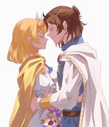 Rule 34 | 1boy, 1girl, blonde hair, brown hair, cape, circlet, closed eyes, closed mouth, commentary, commission, couple, english commentary, fire emblem, fire emblem: thracia 776, highres, hug, leif (fire emblem), mazelwi, medium hair, nanna (fire emblem), nintendo, second-party source, short hair, simple background, smile, white background, white cape, yellow cape