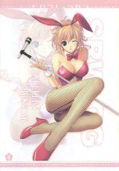 Rule 34 | 1girl, animal ears, banpresto, blue eyes, breasts, cleavage, excellen browning, fake animal ears, fishnet pantyhose, fishnets, high heels, highres, jpeg artifacts, large breasts, leotard, microphone, microphone stand, one eye closed, orange hair, pantyhose, playboy bunny, rabbit ears, shoes, solo, super robot wars, wink, zoom layer