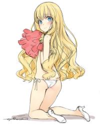 Rule 34 | 10s, 1girl, amagi brilliant park, ass, bad id, bad twitter id, bikini, blonde hair, blue eyes, blush, covering privates, covering breasts, flat ass, flat chest, from behind, high heels, inactive account, kneeling, latifa fleuranza, long hair, looking back, ooyari ashito, pom pom (cheerleading), side-tie bikini bottom, signature, simple background, smile, solo, string bikini, swimsuit, white background, white bikini