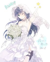 Rule 34 | 1girl, blue eyes, blue hair, bouquet, breasts, bride, closed mouth, dress, elbow gloves, flower, gloves, itsuki (s2 129), long hair, looking at viewer, maria traydor, pointing, simple background, smile, solo, star ocean, star ocean anamnesis, star ocean till the end of time, wedding dress, white background