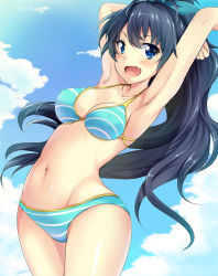 Rule 34 | 1girl, :d, armpits, arms up, bare shoulders, bikini, black hair, blue eyes, blush, breasts, cloud, collarbone, day, fang, ganaha hibiki, groin, high ponytail, hinata sora, idolmaster, idolmaster (classic), long hair, looking at viewer, medium breasts, navel, open mouth, ponytail, sky, smile, solo, striped bikini, striped clothes, swimsuit