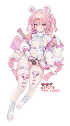 Rule 34 | 1girl, absurdres, animal ears, bandaid, bandaid on face, braid, breasts, garter straps, hair intakes, highres, jacket, long hair, looking at viewer, medium breasts, off shoulder, open clothes, open jacket, original, parted lips, partially visible vulva, pink hair, rabbit ears, rabbit girl, red eyes, short twintails, simple background, smile, solo, taitai, thigh strap, thighhighs, twintails, very long hair, white background, white footwear, white jacket, white thighhighs