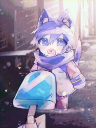 Rule 34 | + +, 1boy, animal ear fluff, animal ears, bibinggwas2, blue eyes, blue hair, blue scarf, blush, brown pants, commentary, food, highres, holding, holding food, holding popsicle, kaito (vocaloid), long sleeves, open mouth, out of frame, pants, popsicle, scarf, short hair, standing, star (symbol), tail, vocaloid