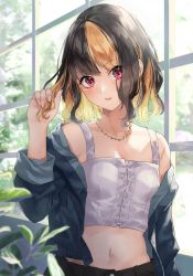 Rule 34 | 1girl, absurdres, backlighting, bare shoulders, black hair, black jacket, blunt bangs, blush, breasts, cleavage, collarbone, commentary request, cowboy shot, day, hand in own hair, highres, huge filesize, indoors, jacket, jewelry, long sleeves, looking at viewer, midriff, multicolored hair, navel, necklace, open clothes, open jacket, orange hair, original, parted lips, pink eyes, shio kouji (shiokojii), short hair, small breasts, stomach, two-tone hair, window