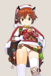Rule 34 | 1girl, animal ears, antlers, asymmetrical legwear, backpack, bag, bell, belt, black belt, bow, bowtie, brown eyes, brown hair, candy, candy cane, cape, christmas, closed mouth, commentary, cowboy shot, crotch seam, deer ears, detached sleeves, elbow gloves, elbow pads, food, fur-trimmed cape, fur-trimmed shirt, fur trim, gloves, grey background, hair ornament, hairclip, hat, highres, holding, holding stuffed toy, holster, horns, knee pads, looking at viewer, no pants, orange bow, orange bowtie, original, panties, red cape, red gloves, red hat, red shirt, reindeer antlers, reindeer girl, santa costume, santa hat, shirt, short hair, simple background, smile, solo, standing, stuffed deer, stuffed toy, symbol-only commentary, thighhighs, underwear, white panties, white sleeves, white thighhighs, zhongye yu